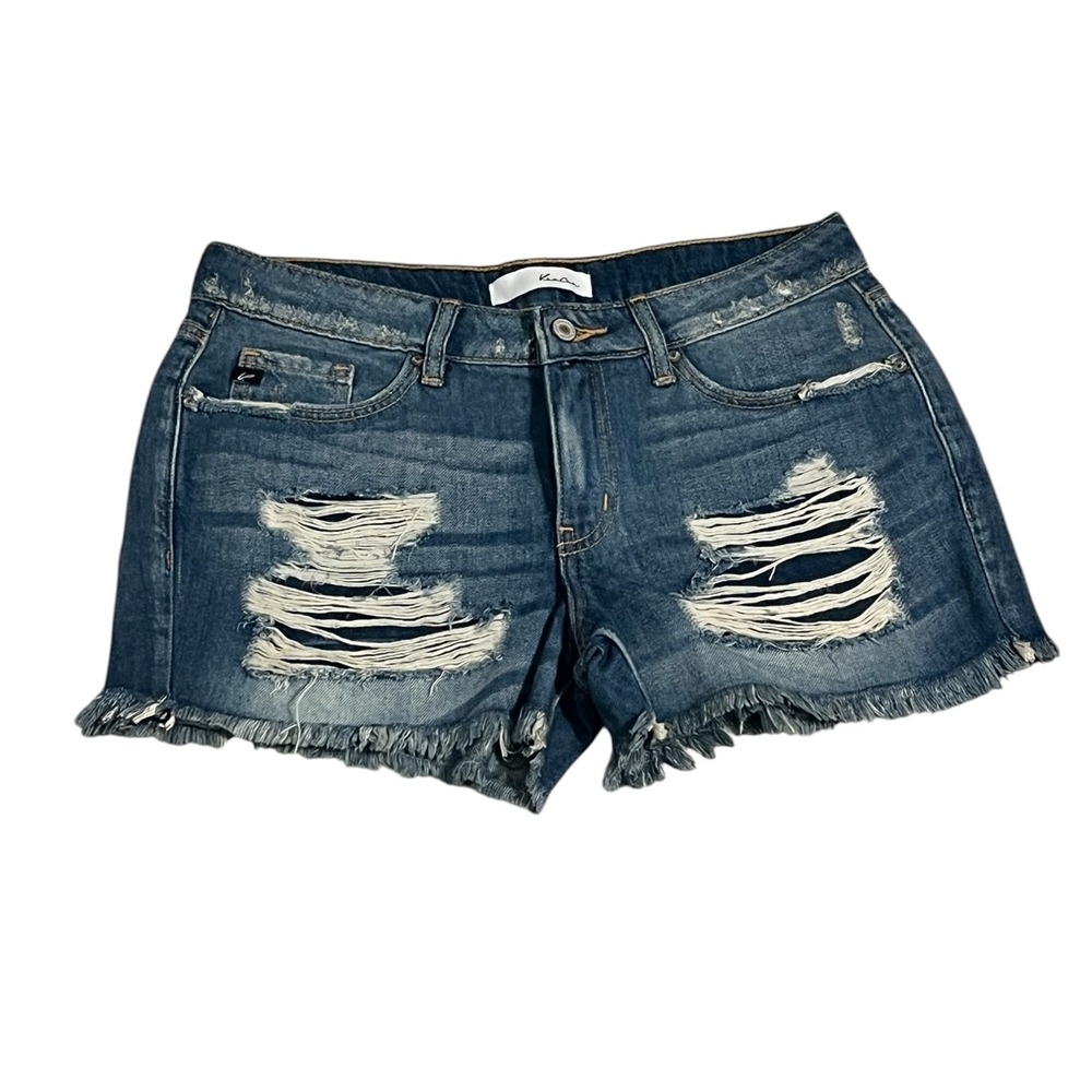 KanCan Distressed High Rise Denim Shorts 7/27 Frayed Raw Hem Blue